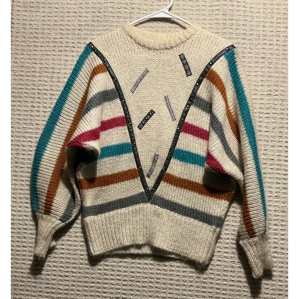 Italian VTG 80's Mohair Blend Sweater L Studded Leather V Accent Fleur De Lis